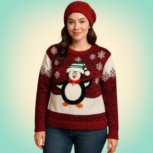 Holiday Penguin Sweater Red White Knit United States Sweaters Women’s M